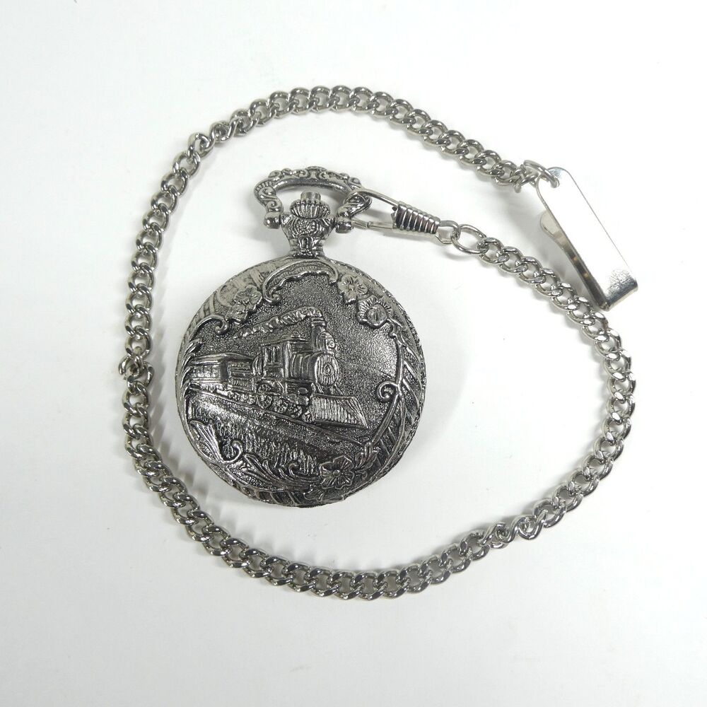 Steam Locomotive Train Pocket Watch Vintage Milan Quartz Japan Silvertone
